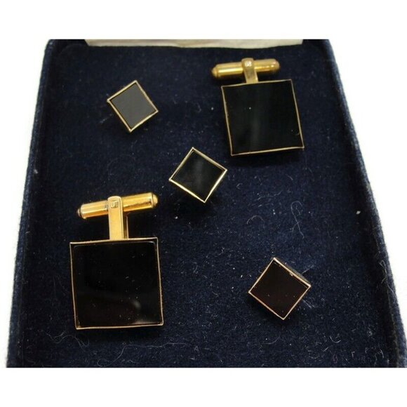 David Donahue Cufflinks Black Onyx Gold Tone Shirt Button Set Formal Tux Vintage - Picture 3 of 16